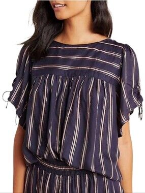 Anthropologie Navy Blue, Pink And Metallic Cameron Tie Sleeve Blouse. Size XL